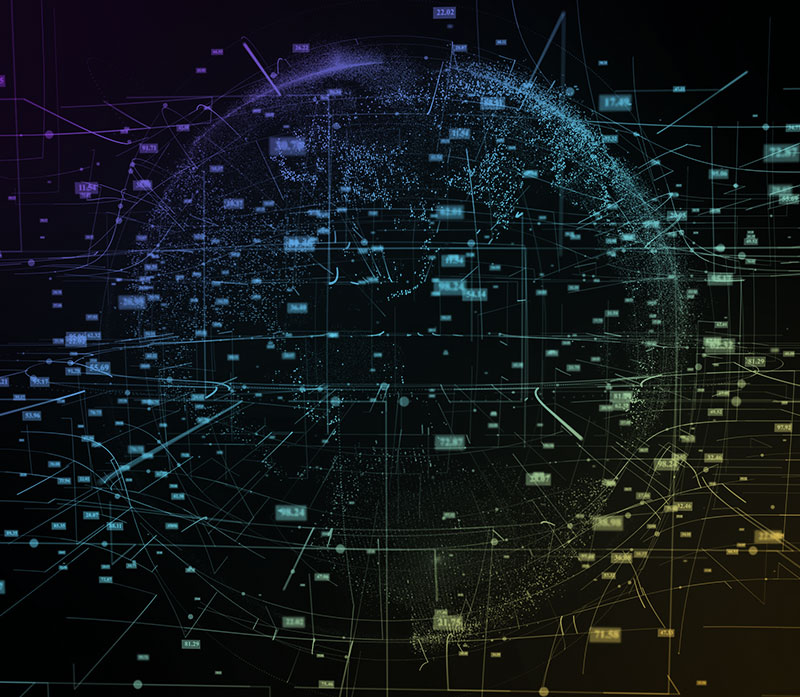 A digital representation of a globe with interconnected lines and data points illustrates the intelligent Converged Optical Network (ICON). The image features various nodes and labels, creating a complex network on a dark, gradient background.