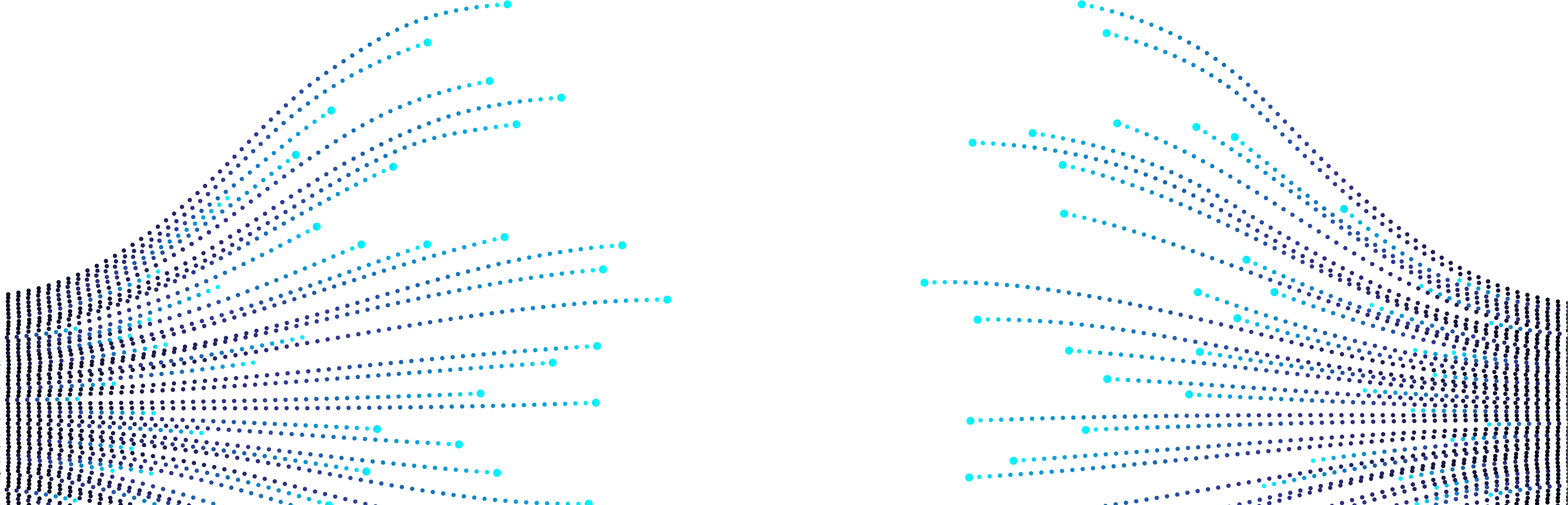 Abstract digital art featuring curved lines composed of blue and cyan dots on a black background, converging towards the center with a symmetrical pattern. The design conveys a sense of movement and flow, resembling data streams.