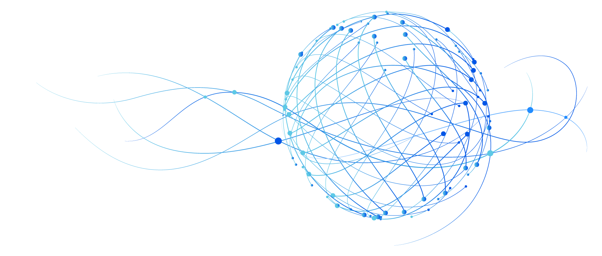 A digital illustration showcasing a spherical network of intertwining blue lines and nodes against a black background, resembling Windstream Global Accounts' interconnected web, with lines extending outward to the sides.