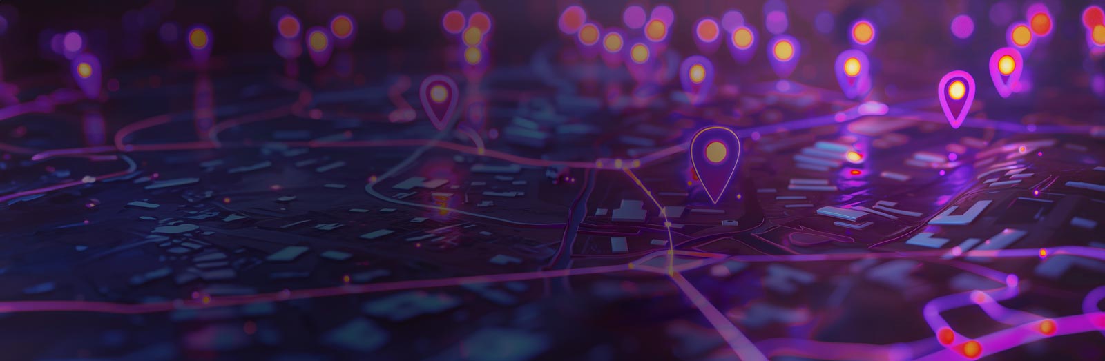 A stylized digital map depicting a network of roads and buildings, illuminated in dark blues and purples. Bright neon location markers are scattered across the map, symbolizing various points of interest, creating a futuristic feel.