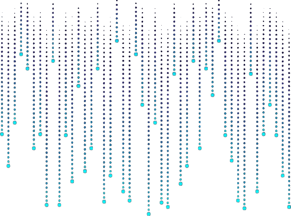 Rows of blue, teal, and black dots arranged vertically, creating a cascading pattern from top to bottom on a transparent background, evoking a digital or data-inspired abstract design.