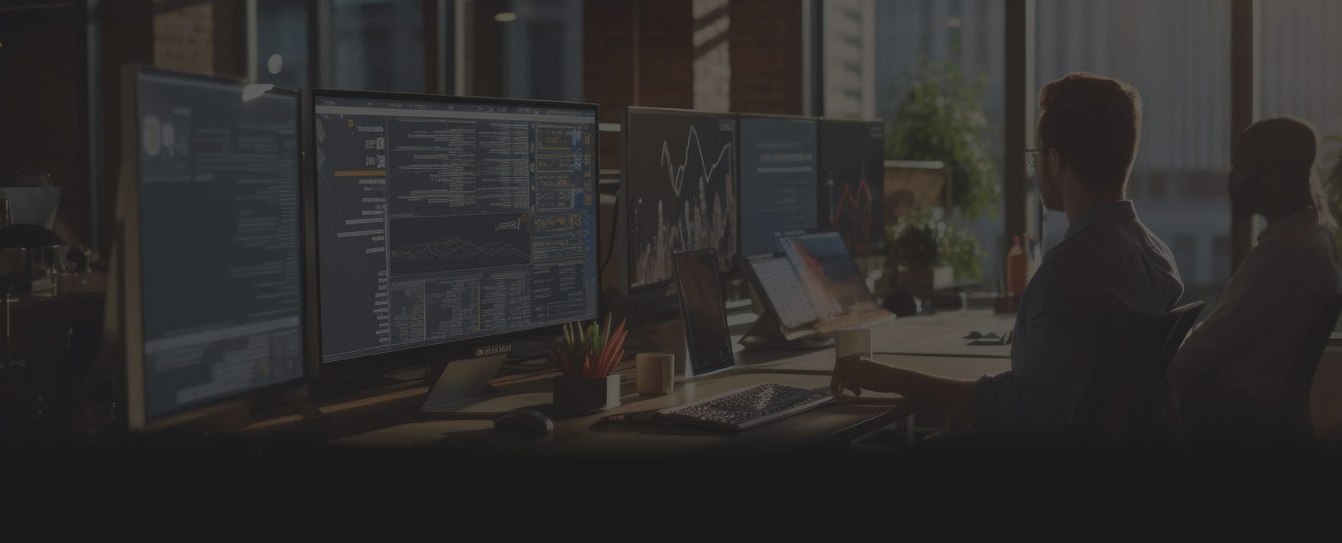 A person works at a desk with multiple large monitors displaying charts, code, and Network Intelligence data in a modern office with big windows and city views.
