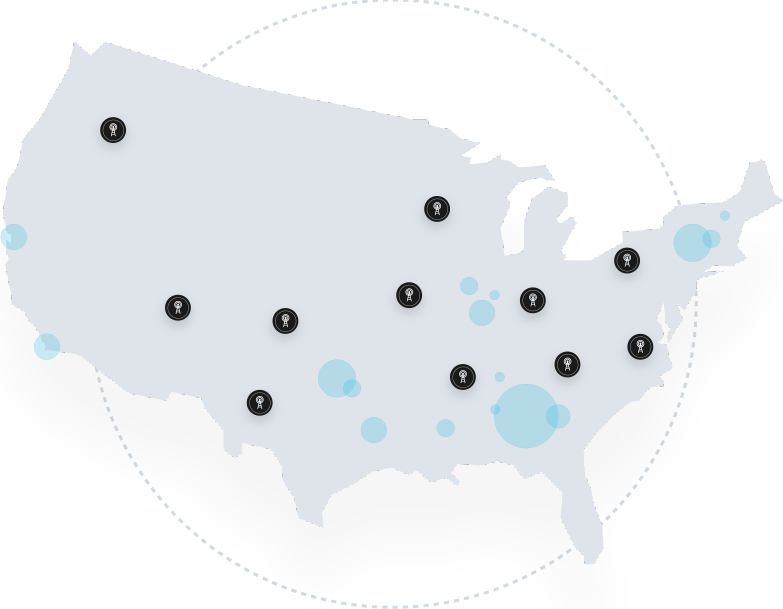 A map of the United States with several black location pins and light blue circles scattered across different regions, highlighting points of interest on the Windstream Wholesale nationwide network.