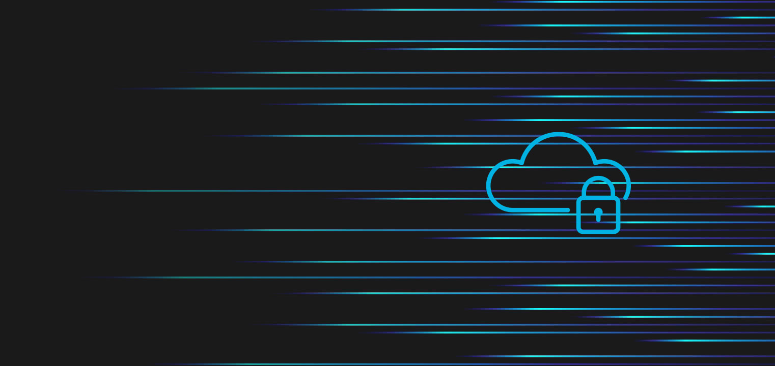 Dark background with blue and teal horizontal lines, featuring a cloud icon with a padlock symbol, representing cloud security or data protection.