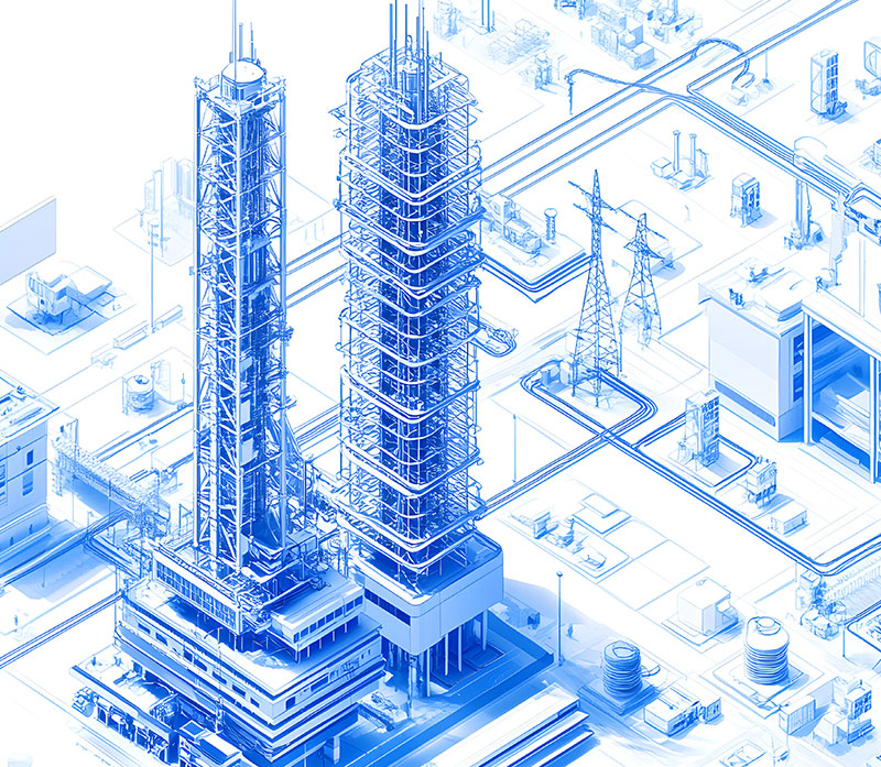 A blue-tinted digital illustration of an industrial complex featuring two tall refinery towers, interconnected pipelines, power lines, and various factory buildings, viewed from an elevated perspective.