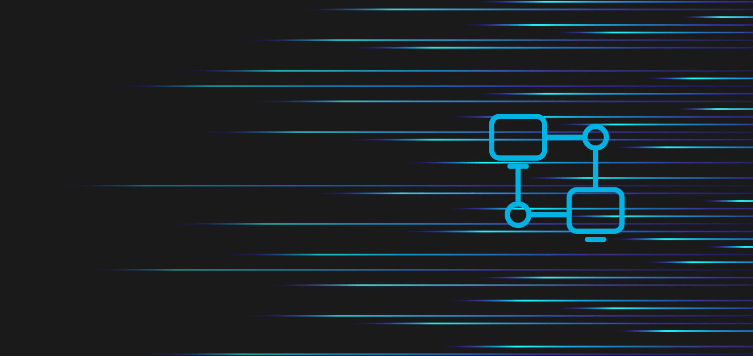 Dark background with horizontal blue and teal streaks across the image; on the right side, a simple blue outline of interconnected squares and circles resembles a network or flowchart diagram.