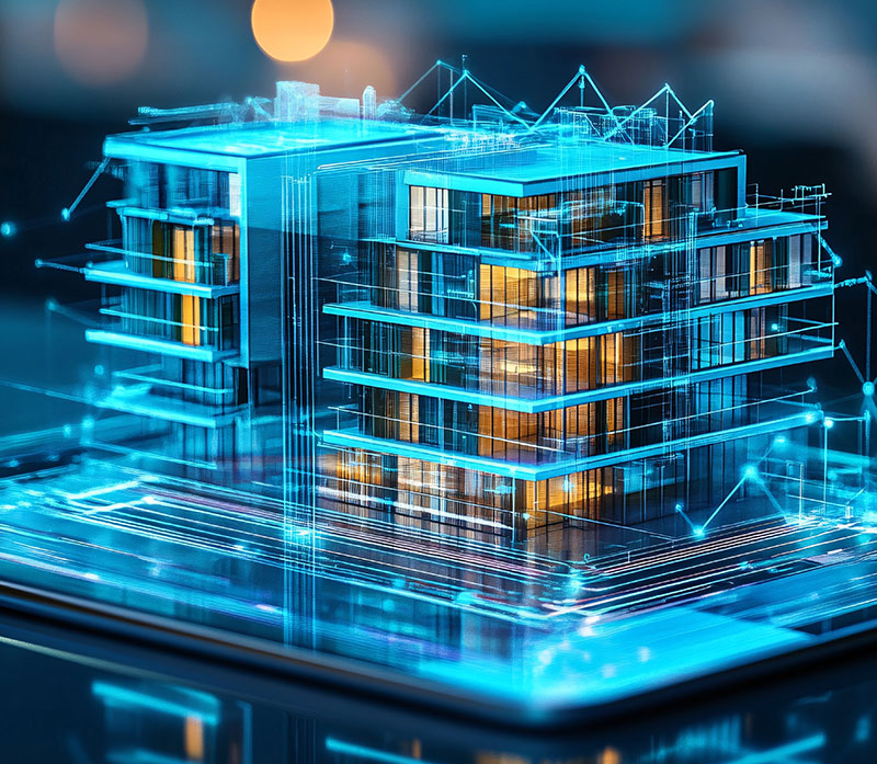 A digital rendering of a modern multi-story building is shown as a hologram, with blue glowing lines and architectural details, displayed above a tablet on a dark background.