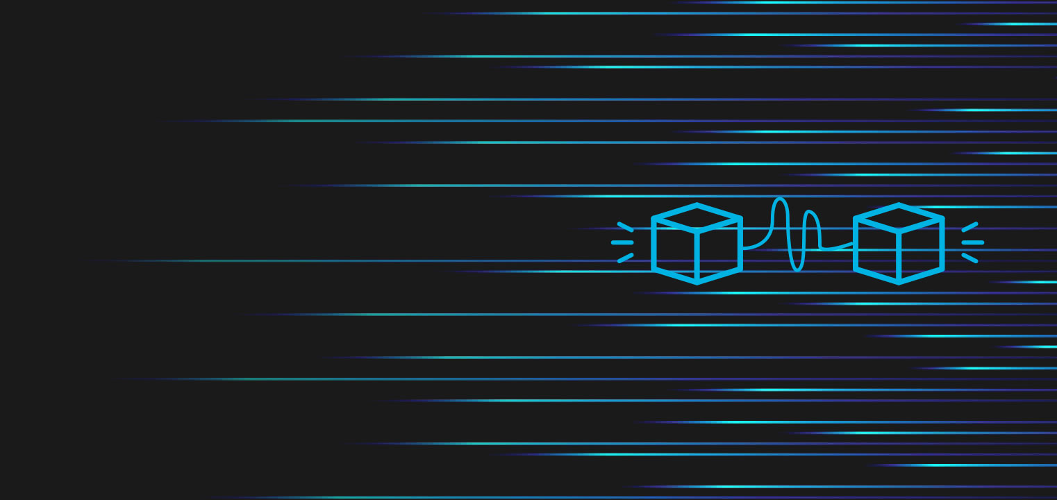 Digital illustration featuring two outlined cubes connected by a wavy line, surrounded by blue horizontal streaks on a dark background, evoking Forward Thinking Telecommunications and the dynamic flow of data transfer.