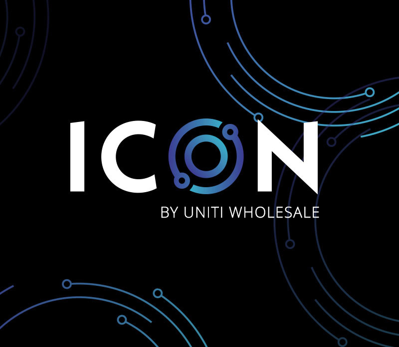 The word "ICON" in bold white letters on a black background, with the "O" stylized as a blue circular network graphic. Blue arc and dot designs decorate the corners.