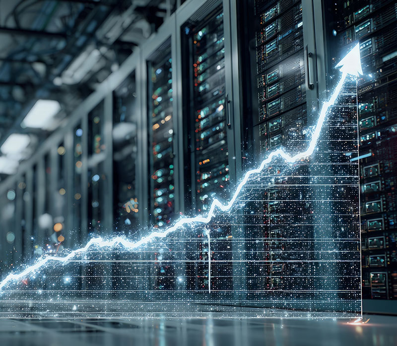 A glowing upward graph overlays a row of server racks in a data center, symbolizing rapid growth and forward thinking in telecommunications and data-driven technological performance.
