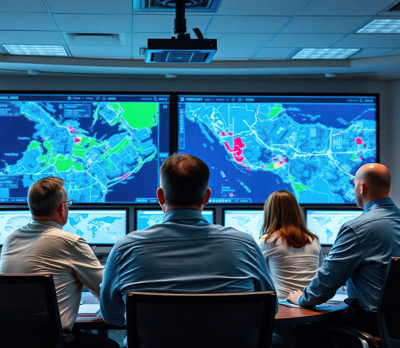 Four people sit at computer desks in a brightly lit control room, monitoring large wall screens with detailed maps and data overlays—a scene of forward-thinking telecommunications analysis and real-time monitoring.
