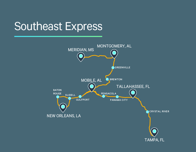 A map shows the Southeast Express route connecting New Orleans, Baton Rouge, Slidell, Gulfport, Mobile, Meridian, Montgomery, Greenville, Tallahassee, Pensacola, Brewton, Panama City, Crystal River, and Tampa.
