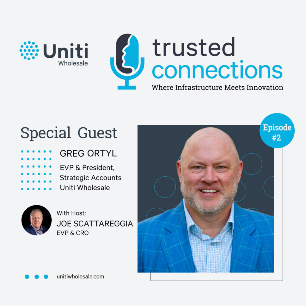 Promotional graphic for Uniti Wholesale’s podcast “Trusted Connections,” featuring guest Greg Ortyl and host Joe Scattareggia, with their photos, titles, and episode details on a white and blue background.