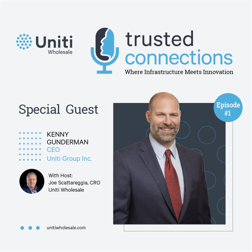 Promotional graphic for Uniti Wholesale’s "Trusted Connections" podcast, featuring special guest Kenny Gunderman, CEO of Uniti Group Inc., and host Joe Scattereggia, CRO of Uniti Wholesale. Episode #1.