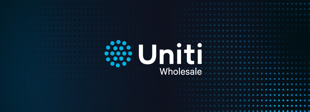 Uniti Wholesale logo with white text next to a circular blue dot pattern on a dark blue background filled with fading blue dots.