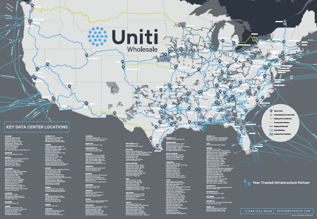 A map of the United States showing Uniti Wholesale’s fiber network routes, key data center locations, and network hubs, with lines connecting major cities across the country and a legend explaining icons for routes and locations.