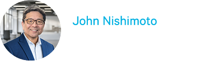 Headshot of a smiling man in glasses and a blue blazer. Next to the image, text reads: "John Nishimoto, SVP, Strategy, Product Development, Marketing" on a light background.