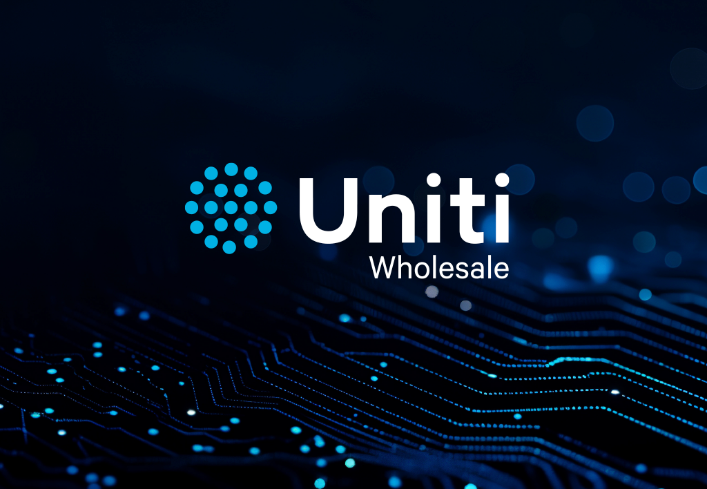 The image shows the Uniti Wholesale logo with a dotted circular icon and white text over a dark, abstract circuit board background with blue glowing lines and dots.