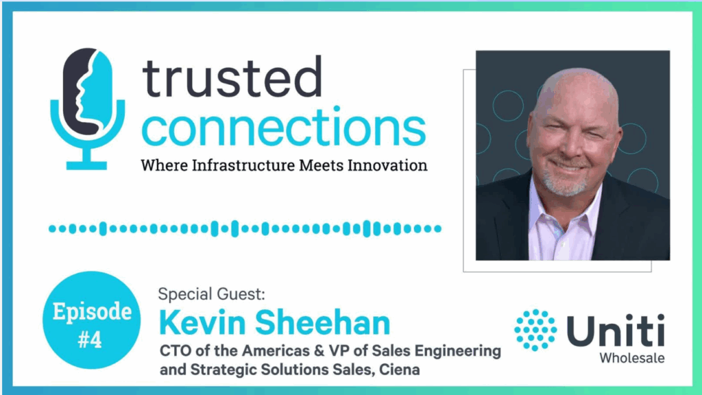 Promotional graphic for the “Trusted Connections” podcast, featuring a guest photo of Kevin Sheehan, CTO of the Americas & VP of Sales Engineering at Ciena, labeled as Episode #4, with Uniti Wholesale branding.