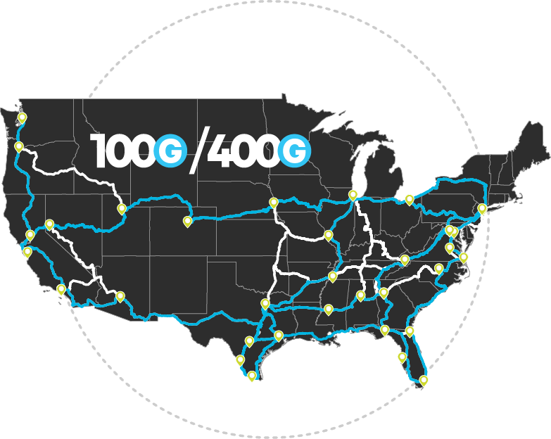 A map of the United States displays major Uniti Wholesale network routes in blue lines and yellow location markers, with “100G / 400G” boldly highlighted at the center, illustrating our Nationwide Network Technology Partnership.