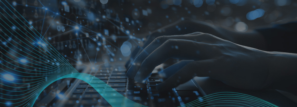 Close-up of hands typing on a keyboard with abstract digital lines and light effects, symbolizing technology, data, or cybersecurity.