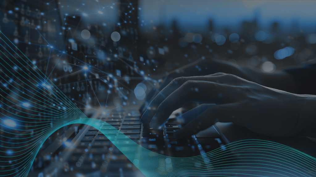 Hands typing on a laptop keyboard with digital lines, dots, and a cityscape in the background, symbolizing technology, data networks, and digital connectivity.