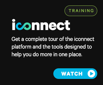 A digital ad for Iconnect training features the text: "Get a complete tour of the iconnect platform and explore tools powered by Network Intelligence to help you do more in one place." A blue "WATCH" button is at the bottom right.