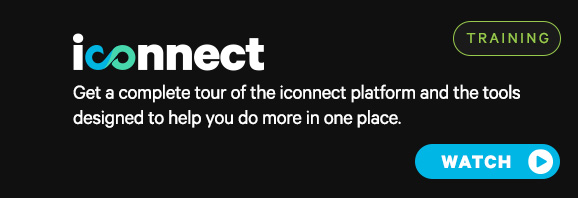 Banner for "iconnect" training. Text says: "Get a complete tour of the iconnect platform, featuring Network Intelligence and tools designed to help you do more in one place." Buttons read "Training" and "Watch." Black background with white and blue text.