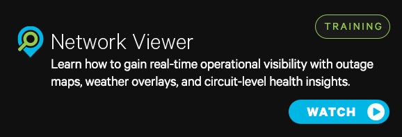 Banner for Network Viewer training; text reads, "Learn how to gain real-time operational visibility with Network Intelligence—outage maps, weather overlays, and circuit-level health insights." There is a green "Training" button and a blue "Watch" button.