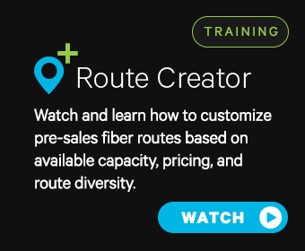 Graphic with a blue location pin icon and text: "Route Creator. Watch and learn how to customize pre-sales fiber routes using Network Intelligence for available capacity, pricing, and route diversity." Training and Watch buttons are also shown.