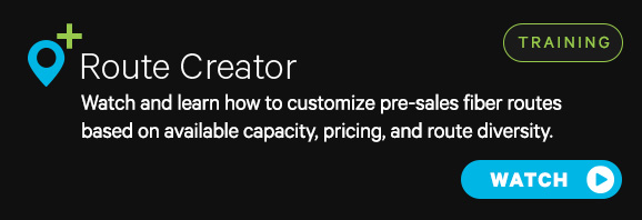 Promotional banner for "Route Creator" training, highlighting Network Intelligence in customizing pre-sales fiber routes; features a blue location icon, training label, and a "Watch" button.