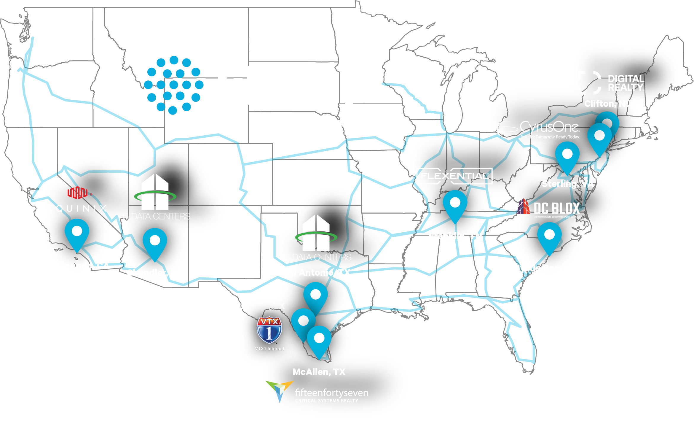 A map of the United States displaying Uniti network routes and data center locations, highlighting Smokin’ Hot Deals on 100G & 400G Waves.
