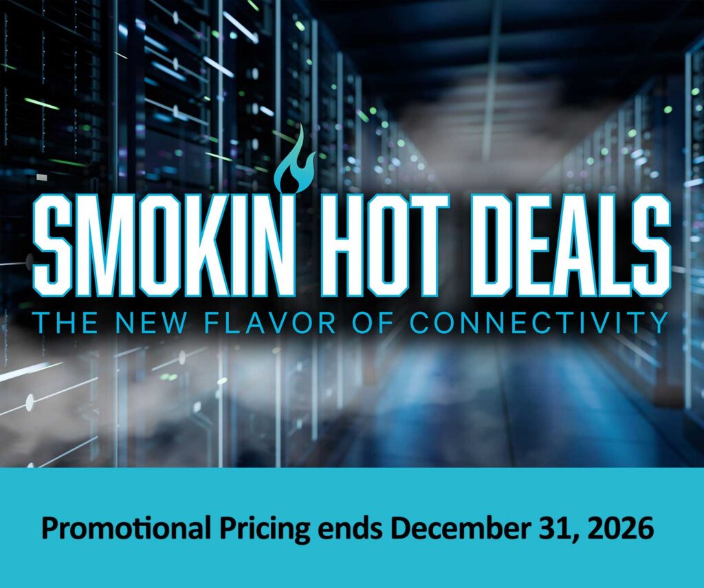 Promotional graphic of a server room with text reading “Smokin’ Hot Deals: The New Flavor of Connectivity” for 100G & 400G Waves. Promotional pricing ends December 31, 2026.